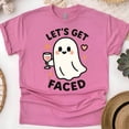 thumbnail image 1 of Let’s Get Faced Graphic Tee Funny Ghost Wine Cartoon Shirt, Heliconia, Size S, 1 of 6