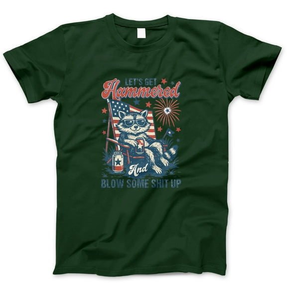 Let’s Get Hammered & Blow Stuff Up T-Shirt – Funny Raccoon Fireworks 4th of July Tee – Patriotic Drinking Graphic Shirt for Men, Beer Lovers, and Wild Independence Day Parties
