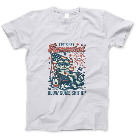 Let’s Get Hammered & Blow Stuff Up T-Shirt – Funny Raccoon Fireworks 4th of July Tee – Patriotic Drinking Graphic Shirt for Men, Beer Lovers, and Wild Independence Day Parties