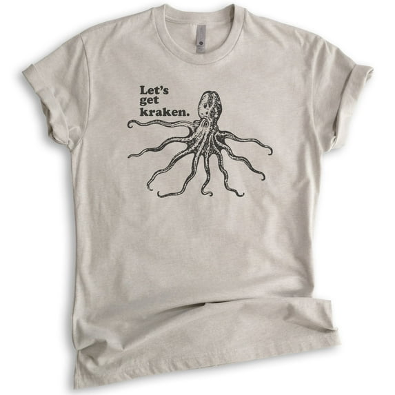 Let's Get Kraken T-shirt, Unisex Women's Men's Shirt, Animal Pun T-shirt, Funny Giant Octopus Squid Shirt, Light Silk Gray, Large