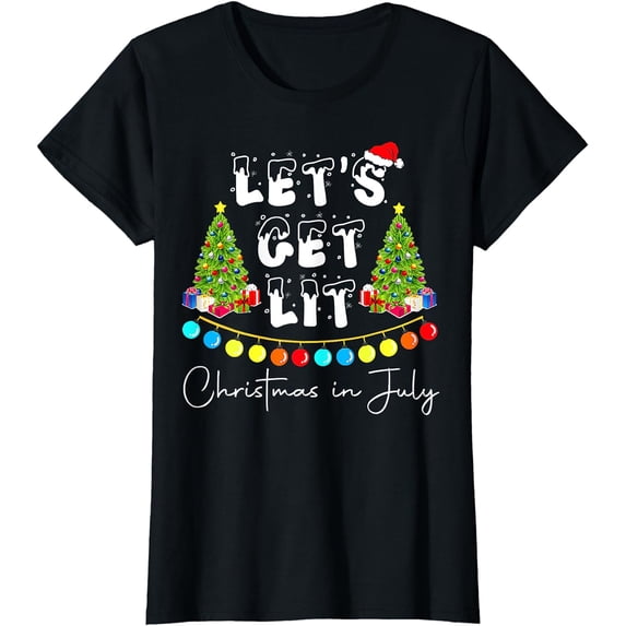 Let's Get Lit Christmas In July Shirt Santa Hat Xmas Tree T-Shirt