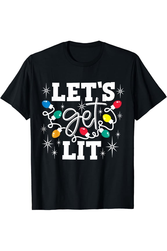 Let's Get Lit Drinking Santa Hat Christmas Lights Funny T-Shirt
