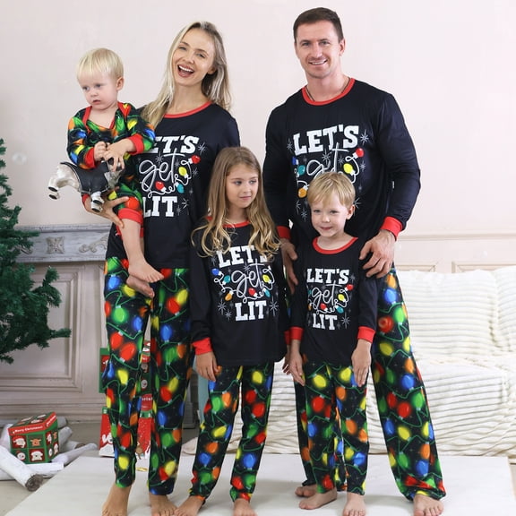 "Let’s Get Lit" Family Christmas Pajamas Matching Sets – 2 Piece Holiday Xmas PJs with Christmas Light Print, Festive Sleepwear Outfits for Couples and Families