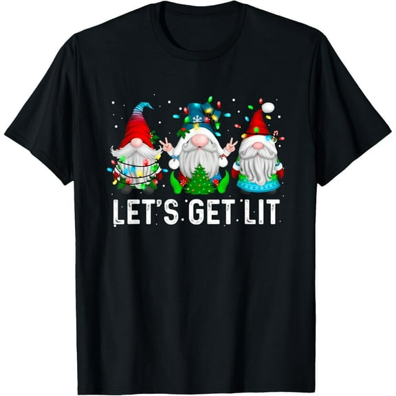 Let's Get Lit Funny Gnome Christmas Drinking Xmas Lights T-Shirt