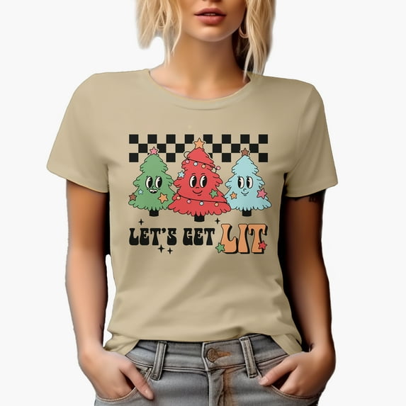 Let's Get Lit, Retro Christmas Trees & Lights Art Merch Gift, Tan T-Shirt, 3XL