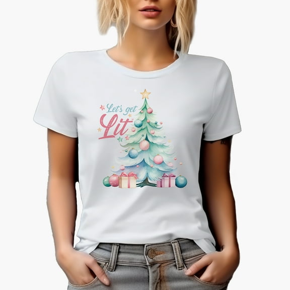 Let's Get Lit with Christmas Tree, Balls & Presents Art Merch Gift, White T-Shirt, Small