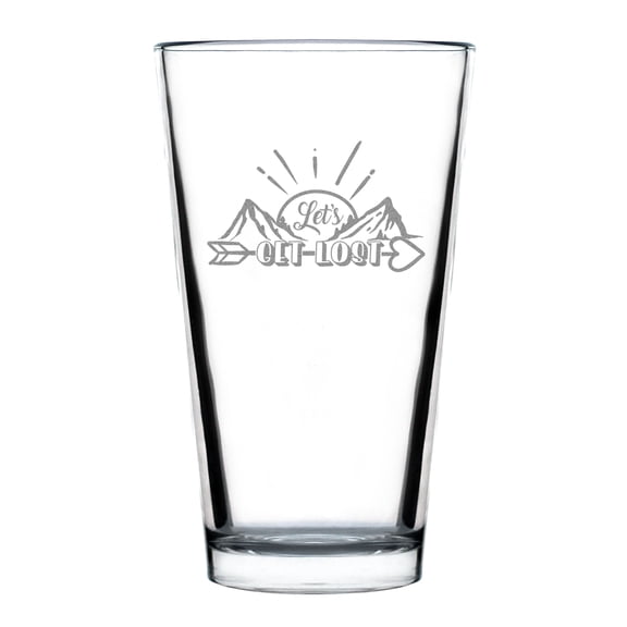 Let's Get Lost Engraved Pint Glass, Adventure Themed Hand Etched 16oz Beer Unique Wilderness , Mountain Arrow Design
