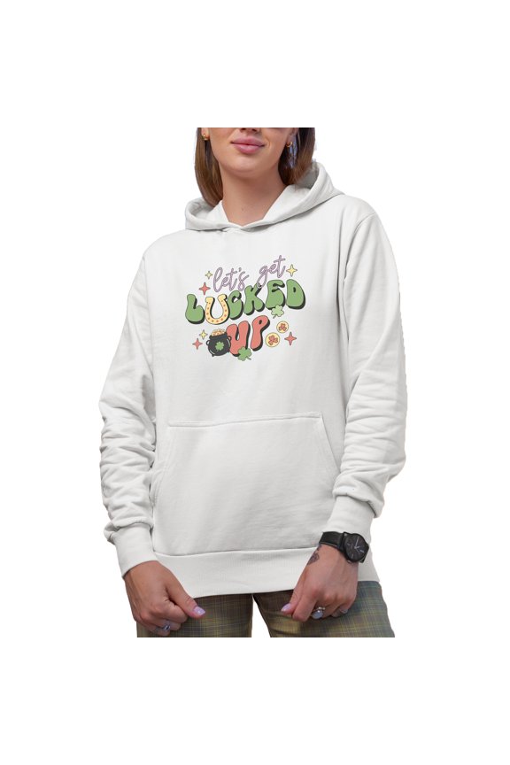 Let's Get Lucked Up, Retro Groovy Wavy St. Patrick's Day Text Art Merch Gift, White Hooded Sweatshirt or Hoodie, Medium