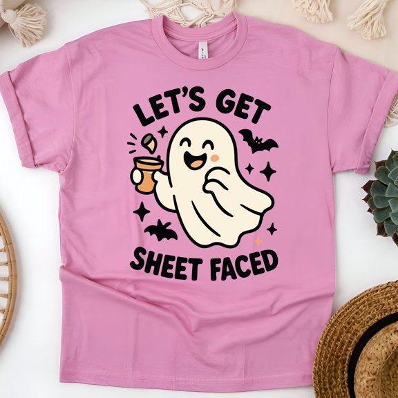 Let’s Get Sheet Faced Ghost Graphic Tee | Funny Cute T-Shirt for Women, Azalea, Size S