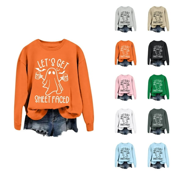 Let's Get Sheet Faced Halloween Sweatshirts for Women 2025 Crewneck Funny Ghost Graphic Sweatshirt Pullover Tops