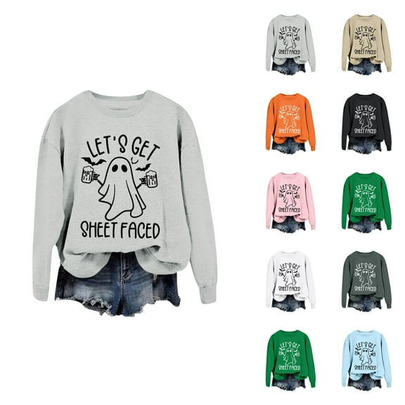 Let's Get Sheet Faced Halloween Sweatshirts for Women 2025 Crewneck Funny Ghost Graphic Sweatshirt Pullover Tops