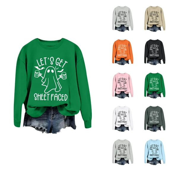 Let's Get Sheet Faced Halloween Sweatshirts for Women 2025 Crewneck Funny Ghost Graphic Sweatshirt Pullover Tops