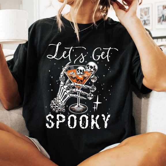 Let’s Get Spooky Shirt, Halloween Skeleton Cocktail Tee, Funny Fall Graphic T-Shirt, Skull Gothic Shirt
