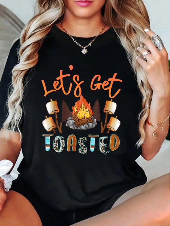 Let's Get Toasted Camping Funny Campfire T-Shirt casual short sleeve crew neck cotton tee tops for women