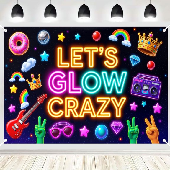 Let's Glow Crazy Neon Party Backdrop Disco Donut Guitar Polyester Banner for Glow In The Dark Birthday Night Party Wall Decor 5x3ft