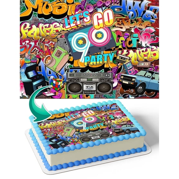 Let's Go 90's Graffiti Happy Birthday Edible Image Cake Topper For Quarter Sheet Cake By TNCT