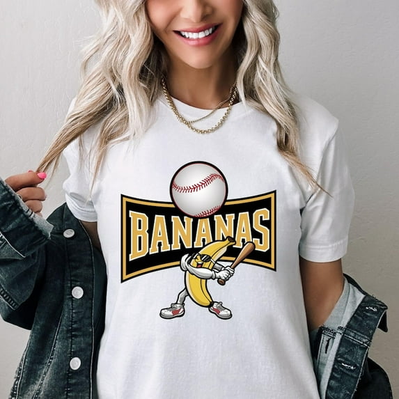 Let's Go Bananas Baseball T-Shirt, Funny Mascot Sports Tee, Banana Playing Baseball Shirt, Quirky Team Spirit Outfit, Humorous Baseball Gift BTO04