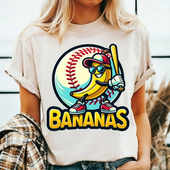 Let's Go Bananas Baseball T-Shirt, Funny Sports Mascot Shirt, Banana Playing Baseball Tee, Quirky Team Spirit Shirt, Baseball Fan Gift BTO21