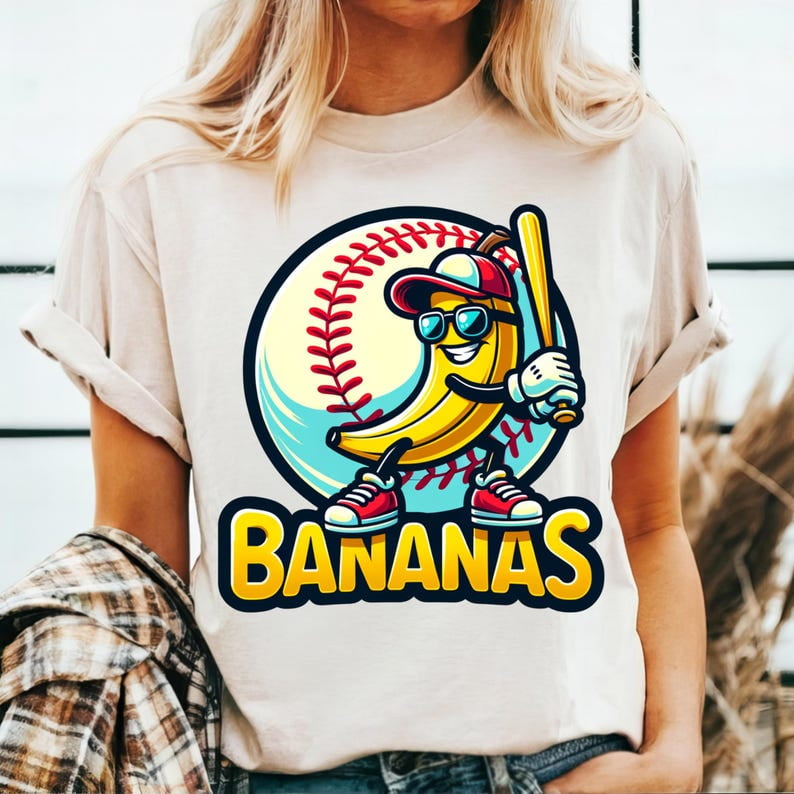 Let's Go Bananas Baseball T-Shirt, Funny Sports Mascot Shirt, Banana Playing Baseball Tee, Quirky Team Spirit Shirt, Baseball Fan Gift