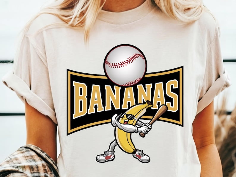 Let's Go Bananas Baseball T-Shirt, Funny Sports Mascot Tee, Banana Playing Baseball Shirt, Humorous Game Day Outfit, Fruit Theme Baseball Gift