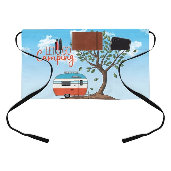 Let's Go Camping Half Waist Apron Caravan RV Tree Spring Summer Short Waiter Aprons with 3 Pockets for Women Men Kitchen Restaurant Cooking
