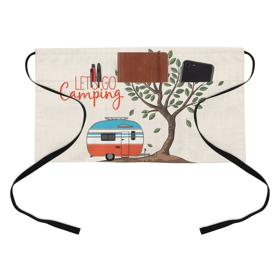 Let's Go Camping Half Waist Apron Caravan RV Tree Spring Summer Vintage Short Waiter Aprons with 3 Pockets for Women Men Kitchen Restaurant Cooking