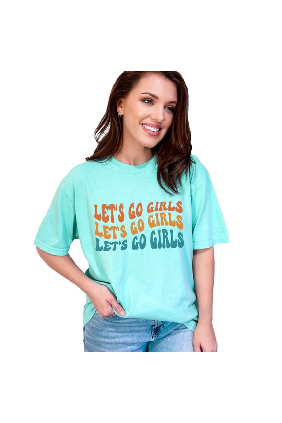 Let's Go Girls, Cheer Up Quote, Groovy Retro Wavy Text, Chalky Mint Comfort Colors T-Shirt, XL