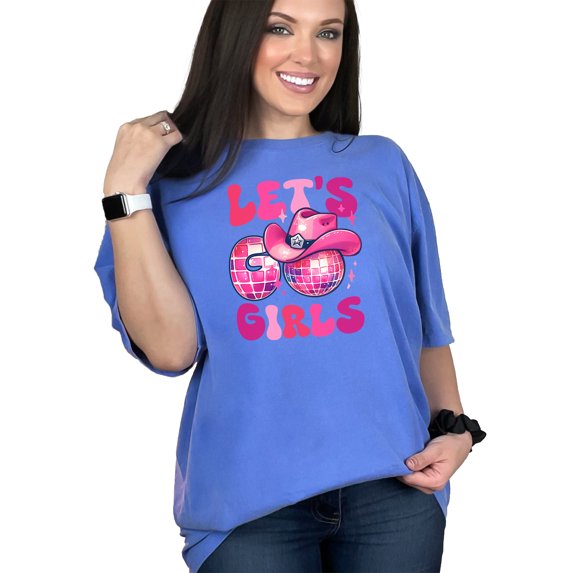 Let's Go Girls Disco Ball Cowgirl Hat Graphic Tee, Trendy Pink Party T-Shirt, Fun Retro Festive Top, Women's Casual Cute Apparel, Flo Blue Comfort Colors T-Shirt, 2XL