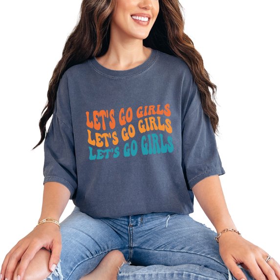 Let's Go Girls, Quote to Encourage Your Friends, Groovy Retro Wavy Text, Denim Comfort Colors T-Shirt, 3XL