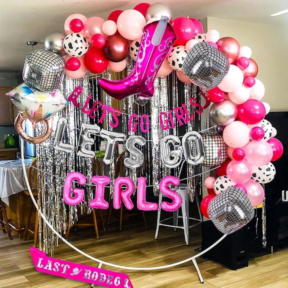Let's Go Girls Women's Party Decor Set - Last Rodeo Western Disco Theme Pink and Silver Balloon Banner Package