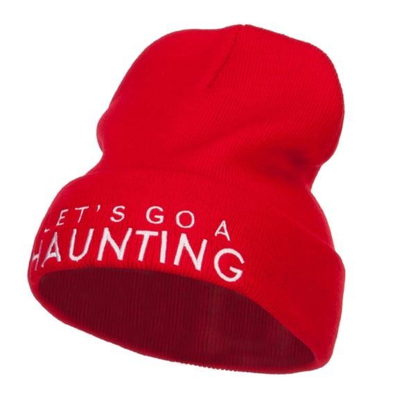 Let's Go Haunting Embroidered Long Beanie - Red OSFM
