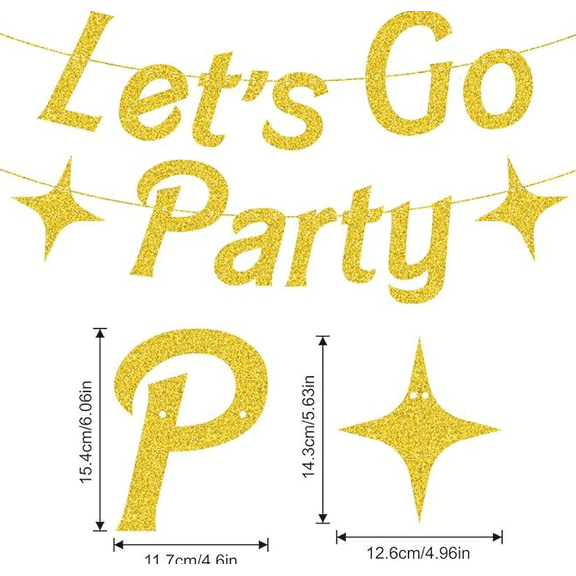 Let's Go Party Glitter Banner, Gold, Star Accents, Birthday Party Decoration, 6.06 x 4.6 in Letters