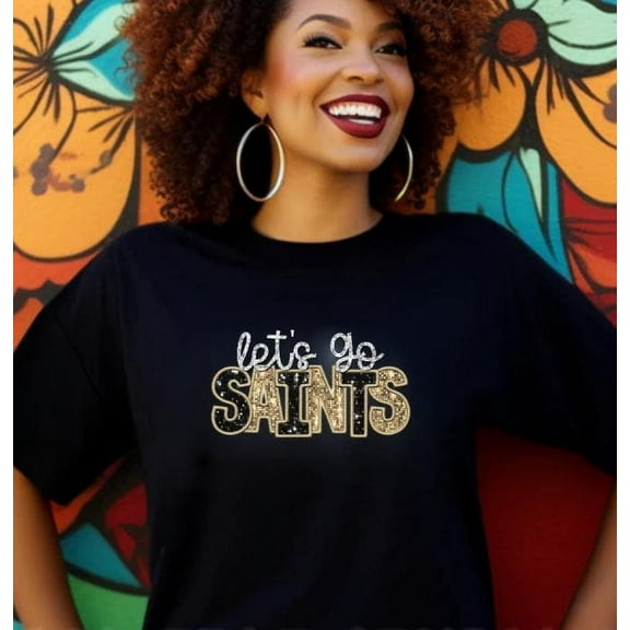 Let's Go Saints Tee (Faux Sequin Embroidered), New Orleans T- Shirt, Fan T- Shirt, Black & Gold T -Shirt, Saints Football T-Shirt, DTF