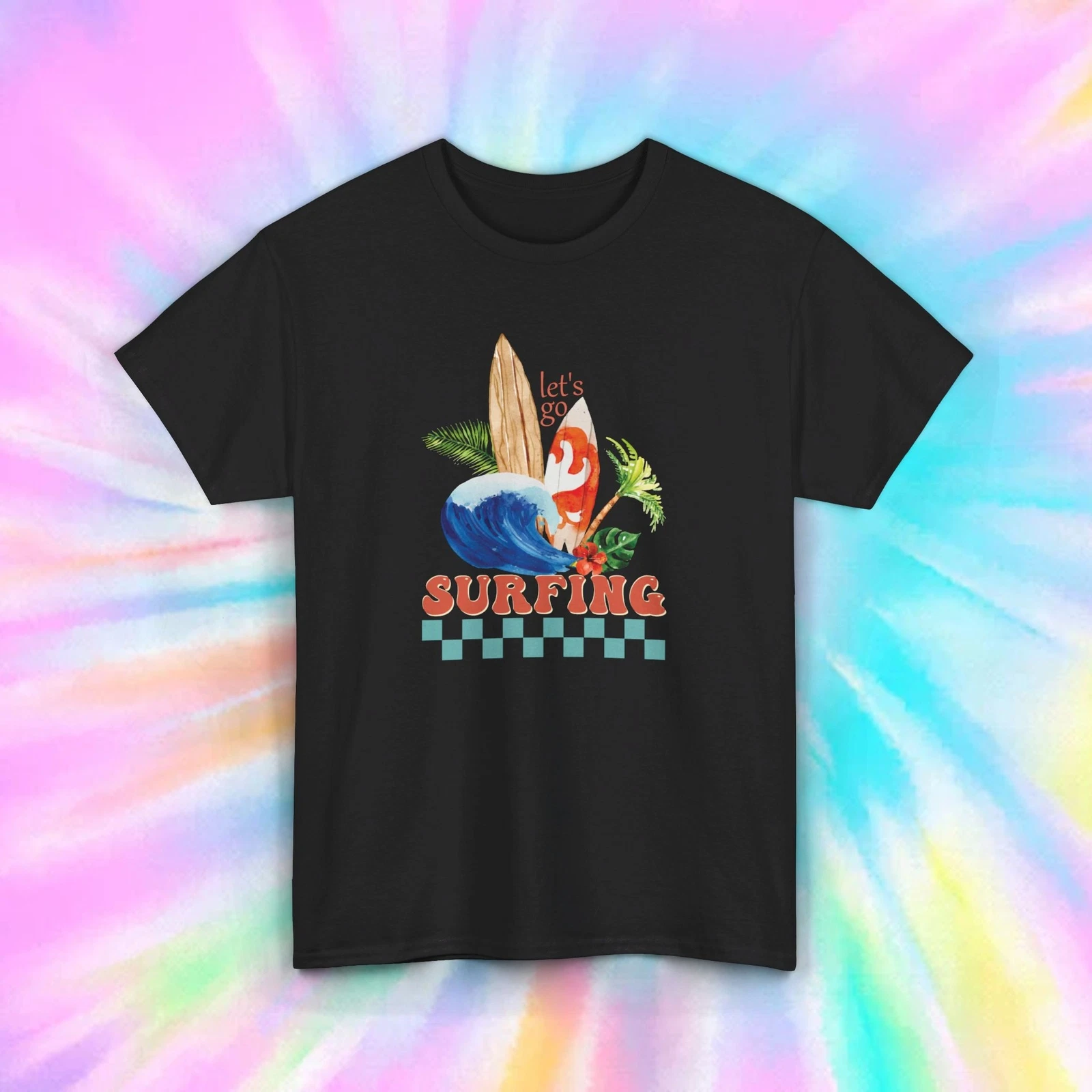 Let's Go Surfing Retro Surfboard Beach Graphic Summer Vibes Unisex T-Shirt Size S-5XL