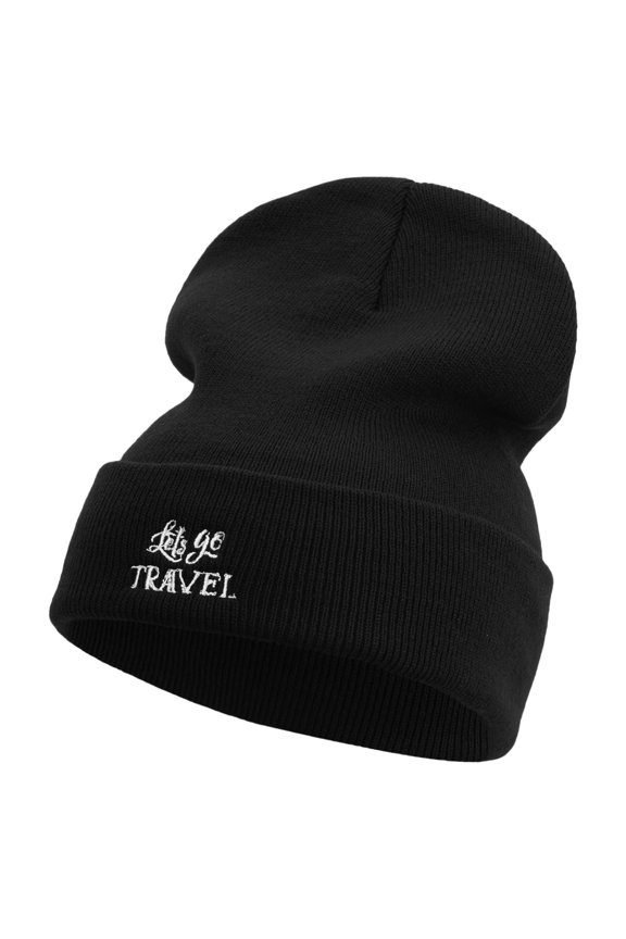 Let's Go Travel Embroidered 12 Inch Long Knitted Beanie - Black OSFM