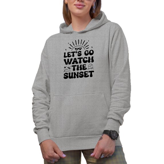 Let's Go Watch Sunset, Retro Groovy Text Quote, Heather Grey Hooded Sweatshirt or Hoodie, Small