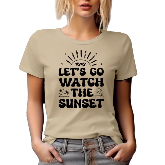 Let's Go Watch Sunset, Retro Groovy Text Quote, Tan T-Shirt, Large