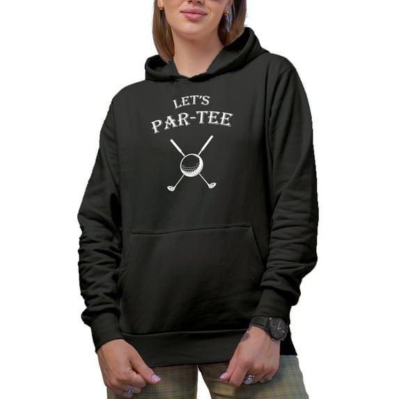 Let's Par-tee, Pun for Party with a Ball & Clubs, Golf Player, Golfing or Golfer Themed Merch Gift, Black Hooded Sweatshirt or Hoodie, Small
