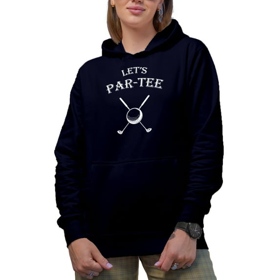 Let's Par-tee, Pun for Party with a Ball & Clubs, Golf Player, Golfing or Golfer Themed Merch Gift, Navy Blue Hooded Sweatshirt or Hoodie, Large