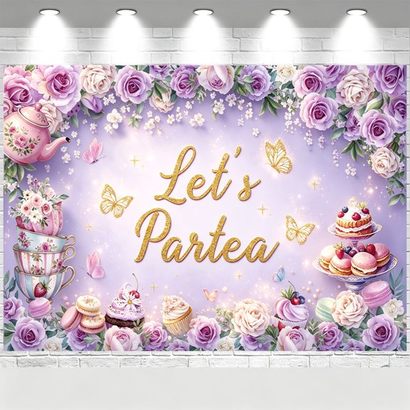 Let's Partea Backdrop Lavender Purple Rose Butterfly Dessert Banner Girls Afternoon Tea Birthday Party Decorations Background
