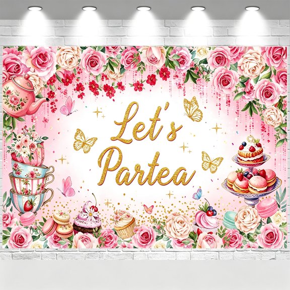 Let's Partea Backdrop Pink Glitter Floral Butterfly Dessert Banner Girls Afternoon Tea Birthday Party Decorations Background