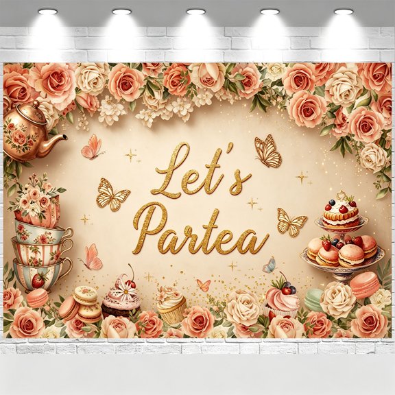 Let's Partea Backdrop Vintage Rose Floral Butterfly Dessert Banner Girls Afternoon Tea Birthday Party Decorations Background