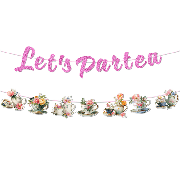 Let's Partea Glitter Banner with Floral Tea Cup Garland, Pink, Tea Party Decoration