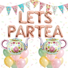 Let's Partea Tea Party Balloon Decorations Set - Rose Gold Letters & Teapot Design for Garden Afternoon Tea & Retro Gatherings