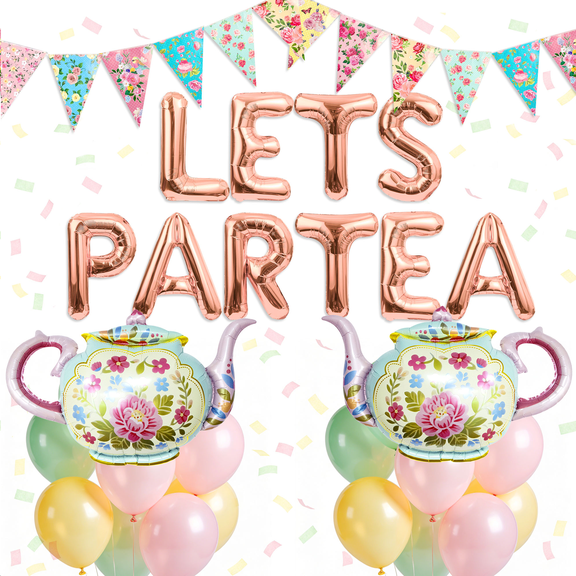 Let's Partea Tea Party Balloon Decorations Set - Rose Gold Letters & Teapot Design for Garden Afternoon Tea & Retro Gatherings