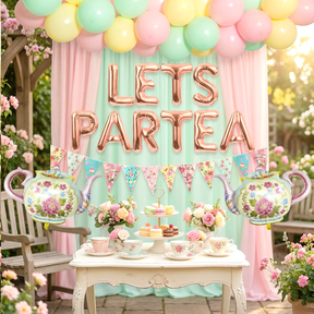 Let's Partea Tea Party Balloon Decorations Set - Rose Gold Letters & Teapot Design for Garden Afternoon Tea & Retro Gatherings