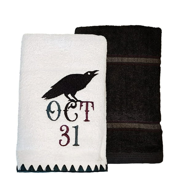 Let's Party Halloween Hand Towels, Embroidered Raven Oct 31- 2-Pack Cotton 16 x 26 inches