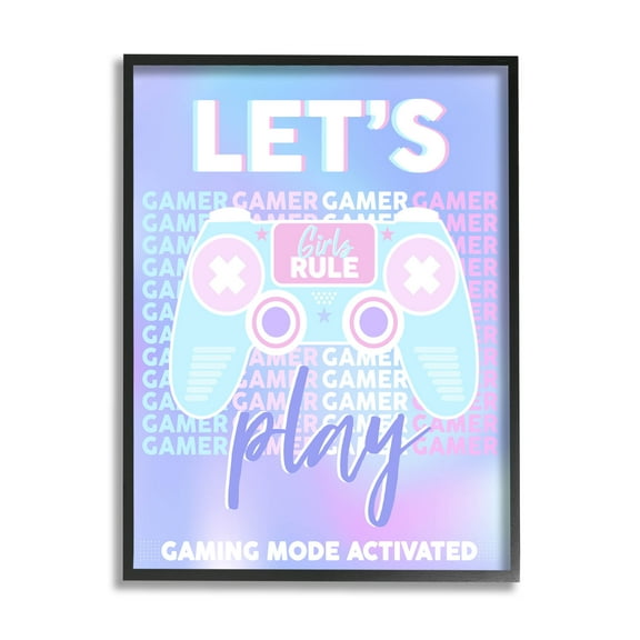 Let's Play Gaming Mode Activated Phrase Art for Kids Graphic Art Black Framed Art Print Wall Art