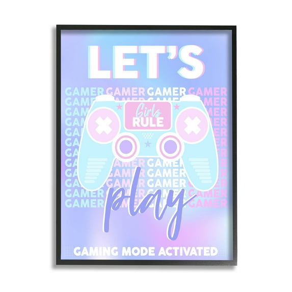 Let's Play Gaming Mode Activated Phrase Art for Kids Graphic Art Black Framed Art Print Wall Art