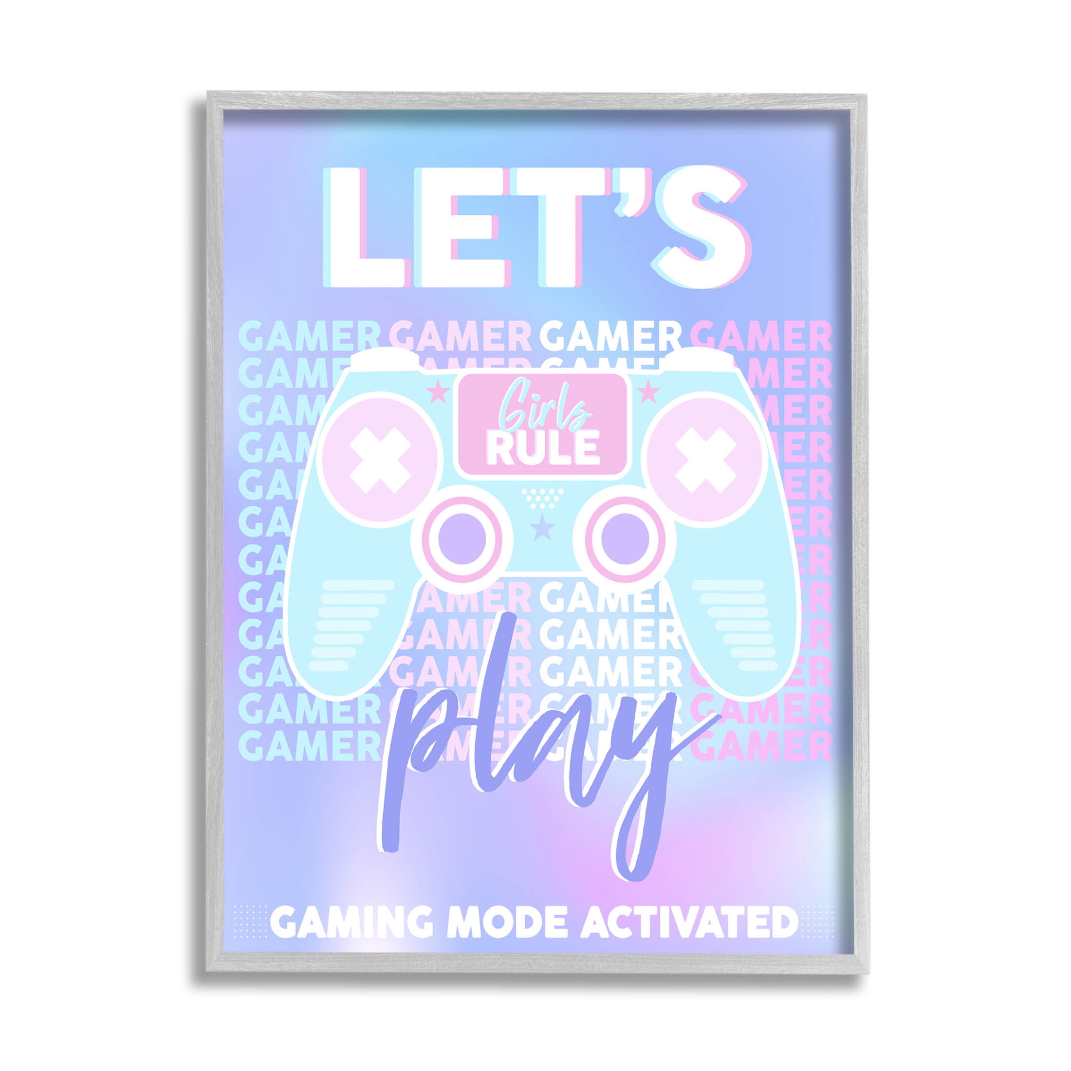 Let's Play Gaming Mode Activated Phrase Art for Kids Graphic Art Gray Framed Art Print Wall Art